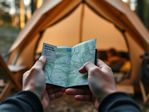 Close-up shot of hands holding a map or smartphone, researching different camping clubs online, with a blurred background of a cozy tent and camping equipment, symbolizing preparation and choice.