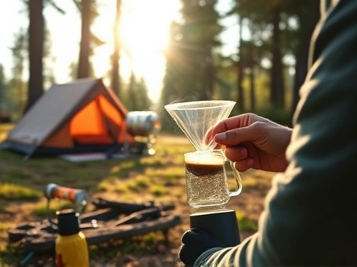 A peaceful outdoor campsite scene with a person brewing coffee using a portable hand dripper, enjoying the natural morning light.
