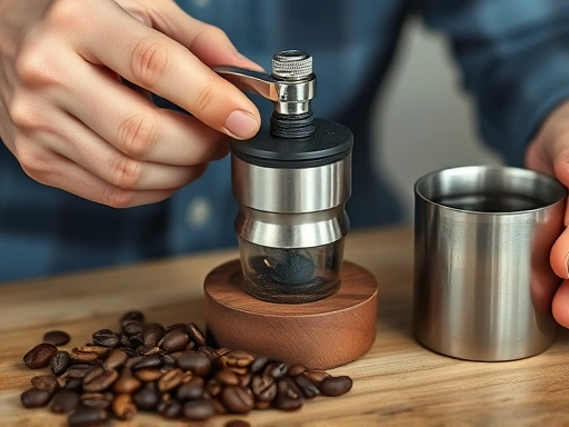 Close-up of a person's hands operating a small, manual coffee grinder next to fresh coffee beans and a camping mug, highlighting texture and detail.