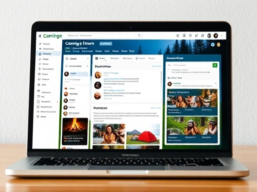 A vibrant online camping forum interface on a laptop screen, showing diverse discussions, shared photos of tents and campfires, and helpful tips. Focus on community and information exchange.