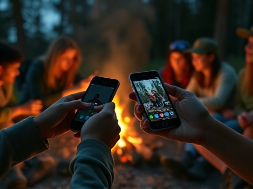 A close-up shot of hands holding smartphones, showing a group of campers interacting on a social media app while sitting around a cozy campfire at night. Emphasize shared experience.