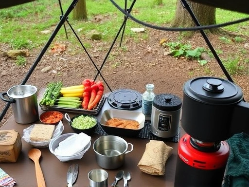 An organized camping kitchen setup with various cooking tools, fresh ingredients, and a portable stove, emphasizing efficiency and cleanliness in a natural outdoor setting.