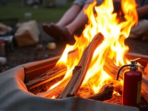 A close-up shot of a safe campfire with fire-resistant mat underneath and a small fire extinguisher nearby, highlighting fire safety measures during outdoor cooking.
