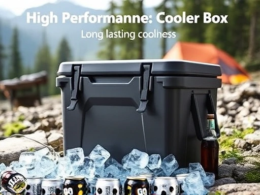 A high-performance camping cooler box, surrounded by ice and beverages, placed in a serene natural camping environment, suggesting long-lasting coolness.