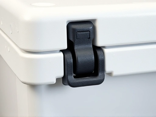 A close-up shot of a high-quality cooler box's gasket and latch system, emphasizing its robust sealing capabilities, with condensation visible on the surface.