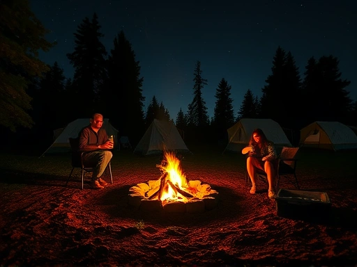 A serene campsite at night with a small, quiet campfire and a few people enjoying a drink responsibly, respecting the quiet hours, with stars visible above.