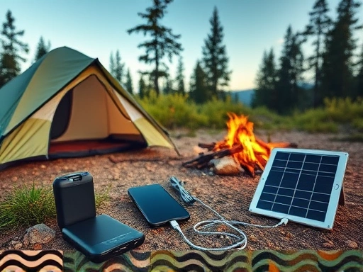 A modern campsite with a tent, a campfire, and various electronic devices (smartphone, tablet) being charged using a portable power bank and a small solar panel under clear sky, highlighting efficient charging solutions.