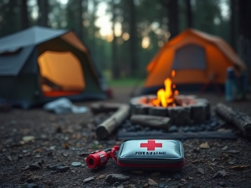 A serene yet alert scene at a campsite, with a small first aid kit visible, showing preparedness for unexpected situations. Focus on natural light and a calm atmosphere.