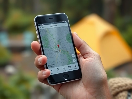 Close-up of a hand holding a smartphone, clearly displaying a map or GPS coordinates, essential for emergency location at a remote campsite.