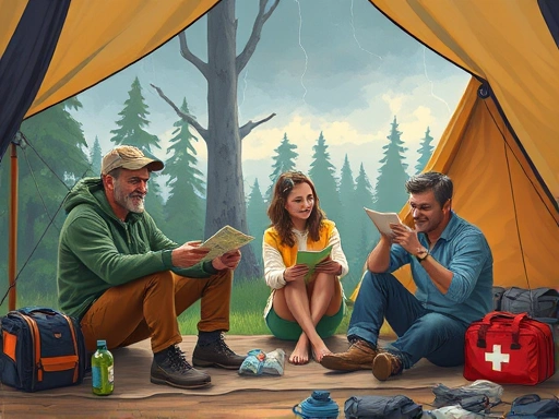 A detailed, realistic illustration of a family in a campsite, calmly preparing for an emergency like a storm, checking equipment and maps, with a first-aid kit visible. Natural lighting.