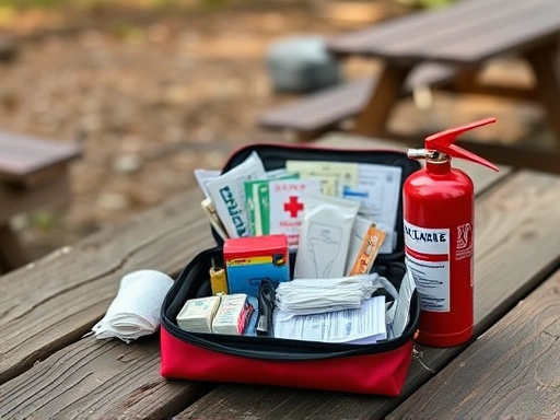 Close-up view of a first-aid kit with various medical supplies, bandages, and a small fire extinguisher, on a wooden picnic table at a campsite.
