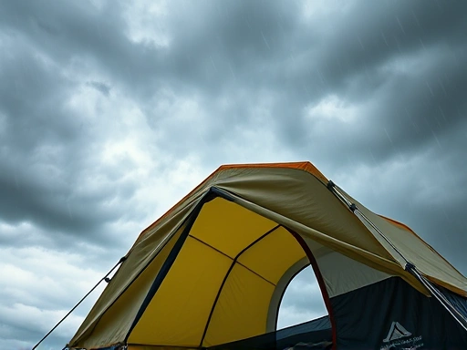 A detailed top-down view of a modern camping tent being secured against a stormy sky, with rain and wind effects, showcasing emergency preparedness.