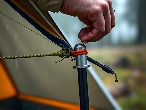 Close-up on a camper's hand securing a tent guyline with a sturdy peg, showing rain droplets and blurred stormy background, emphasizing safety and preparedness.