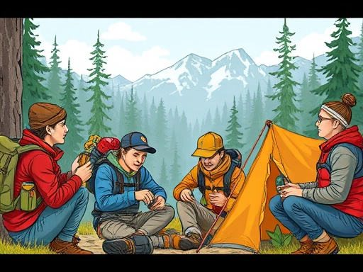A detailed illustration of a diverse group of people learning outdoor skills and camping techniques in a professional outdoor education setting, with various camping gear and certification badges visible.