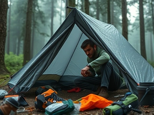 A distressed camper trying to fix a broken tent in a stormy, rainy forest, looking frustrated but determined, with camping gear scattered around.