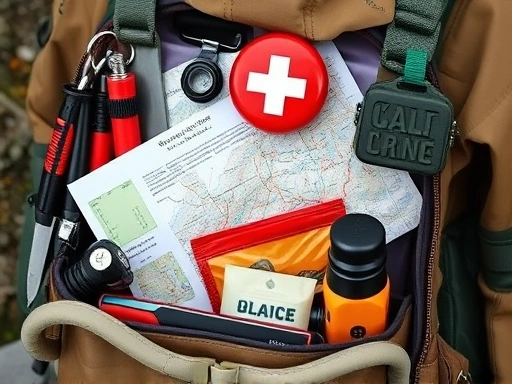 Close-up of a well-organized camping backpack with various survival tools, a detailed map, a first-aid kit, and a weather-resistant jacket, emphasizing preparedness.