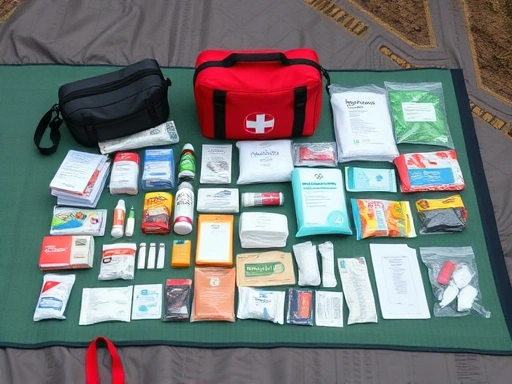 A meticulously organized first aid kit with various medical supplies, bandages, and antiseptics laid out on a clean camping mat, highlighting preparedness for outdoor emergencies.
