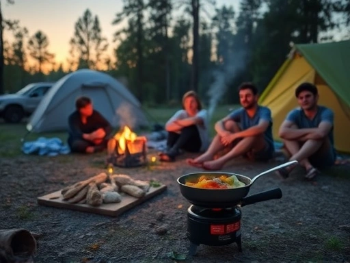 A cozy camping scene at dusk, a quick and easy dinner being prepared on a portable stove, with happy campers relaxing.