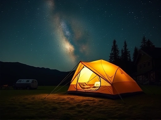 A peaceful campsite at night, with a cozy tent glowing softly, and stars twinkling above, illustrating tranquil sleep solutions for camping first night.