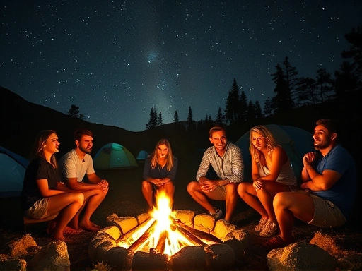 A diverse group of friends laughing and sharing stories around a campfire at a picturesque campsite under a starry night sky, with tents and nature visible.
