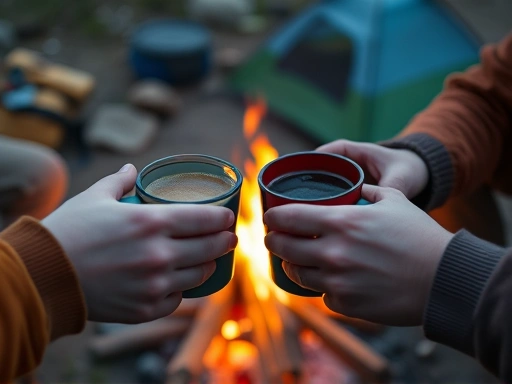 Close-up of hands clinking mugs filled with hot drinks around a small, cozy campfire, symbolizing friendship and shared outdoor experience, with blurred camping gear in the background.