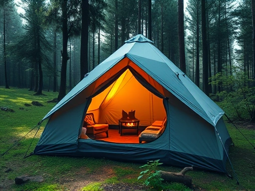 A high-angle shot of a cozy, modern camping tent pitched in a lush forest, with warm light emanating from inside, implying comfort and upgrade.