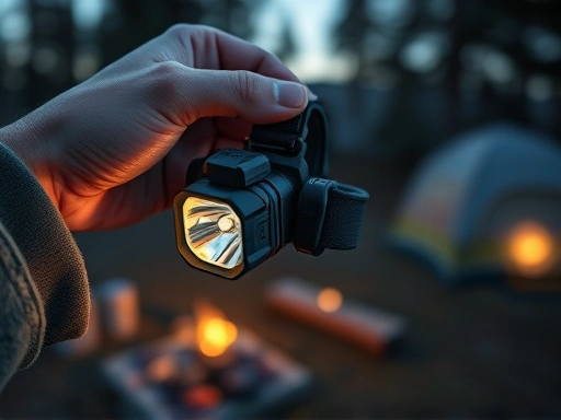 Close-up of a hand adjusting a high-quality camping headlamp, showing intricate details and durable material, with a soft blur in the background of a campsite at dusk.