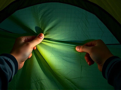 A close-up shot of hands inspecting a used camping tent fabric for tears or wear, with a flashlight showing details and a magnifying glass.