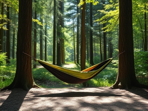 A serene forest setting with a perfectly set up camping hammock between two sturdy trees, dappled sunlight, indicating safe and comfortable outdoor relaxation.