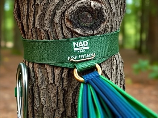 Close-up of a tree strap securely wrapped around a healthy tree trunk, showing the hammock's suspension system with a carabiner, emphasizing proper and safe installation.