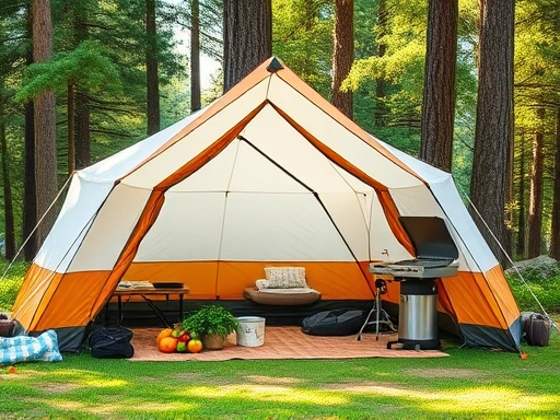 A vibrant campsite with a clean, modern tent and an outdoor kitchen setup, featuring fresh vegetables and fruits, natural light, and a serene forest background.