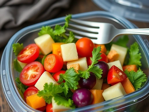 Close-up of a perfectly portioned, colorful healthy salad in a clear, portable container, ready for a camping trip, highlighting fresh vegetables and a fork.