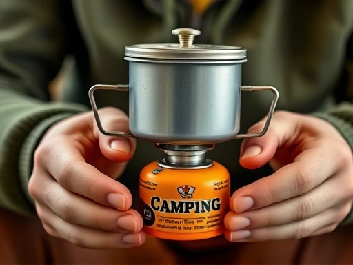 Close-up of a person's hands adjusting a small, colorful portable camping stove, with a miniature pot on top, symbolizing cooking practice at home before a first camping trip.