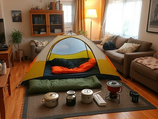 An organized living room transforms into a mini campsite, with a small tent half-setup, a sleeping bag laid out, and a portable camping stove with cookware on a mat, demonstrating home camping practice for beginners.