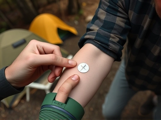 A detailed, overhead shot of a person applying first aid cream to a mosquito bite on an arm in a campsite setting, with tents and trees in the background, emphasizing careful treatment.