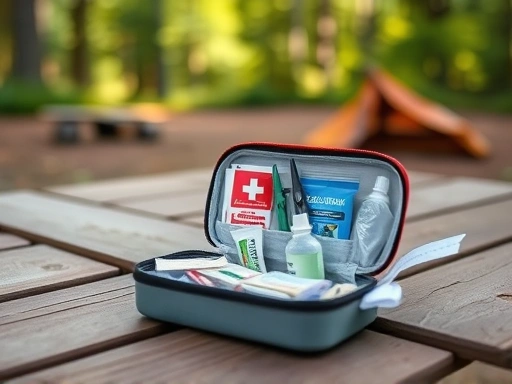 A close-up shot of a compact first aid kit, clearly displaying essential items like bandages, tweezers, and antiseptic wipes, placed on a wooden picnic table at a campsite.
