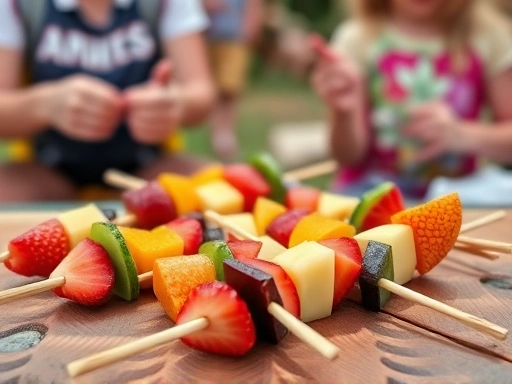 Close-up shot of colorful fruit skewers being prepared on a picnic table at a campsite, with children's hands subtly in the background.