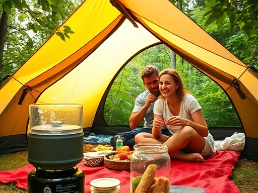 A vibrant outdoor camping scene with a modern tent, lush greenery, and a happy couple enjoying a simple, delicious meal cooked from a meal kit on a portable stove, embodying ease and nature.