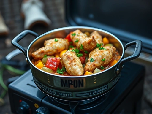 Close-up view of a beautifully prepared meal kit dish simmering on a portable camping stove, with fresh ingredients clearly visible, symbolizing convenience and gourmet camping food.