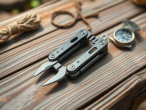 A close-up shot of a multi-tool resting on a weathered wooden camping table, surrounded by small camping items like a rope, a small branch, and a compass, under soft natural light.