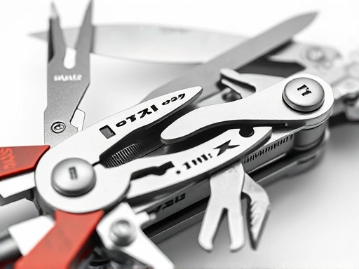 A detailed shot of a multi-tool's various blades and tools unfolded, showing the intricate mechanisms and different textures of the metal and handle, highlighting its craftsmanship and utility.