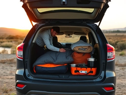 A person efficiently packing camping gear into a car trunk, organized and neat, with a tent, sleeping bags, and cooking equipment visible, in a natural outdoor setting at sunset, showcasing camping packing efficiency.