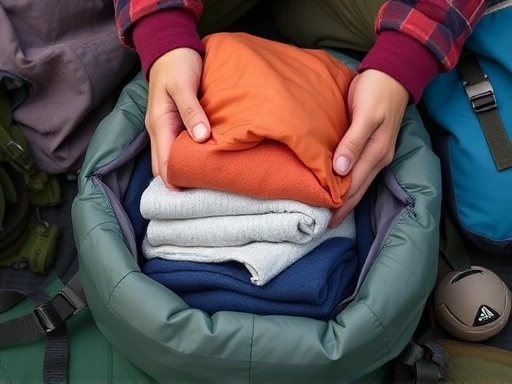 Close-up of hands using compression sacks to pack clothes for camping, showing space-saving technique with neatly folded garments, surrounded by outdoor gear, emphasizing smart camping packing.