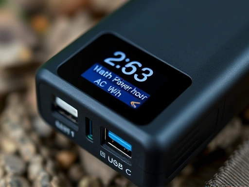A close-up shot of a camping power bank's display screen, showing its watt-hour (Wh) capacity and various output ports (USB-A, USB-C, AC outlet), emphasizing its technical features.