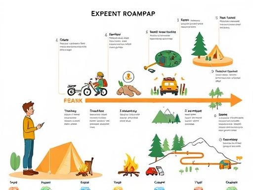 A detailed roadmap illustration showing a person progressing from a beginner to an expert camper, with various camping scenes like a tent, campfire, and hiking trail.
