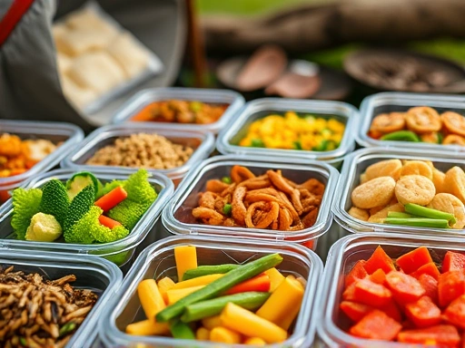 A vibrant close-up of various delicious, pre-prepared Korean side dishes neatly packed in transparent containers, ready for a camping trip, with a cozy outdoor background. Focus on freshness and convenience, including green and red vegetables.