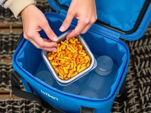 A pair of hands carefully placing a sealed container of Korean side dish into a blue insulated camping cooler, with ice packs visible and the focus on secure food storage for outdoor activities.