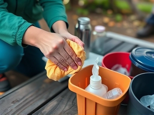 Close-up of hands wiping down a camping table and sorting trash into designated bins, emphasizing meticulous clean-up and etiquette.