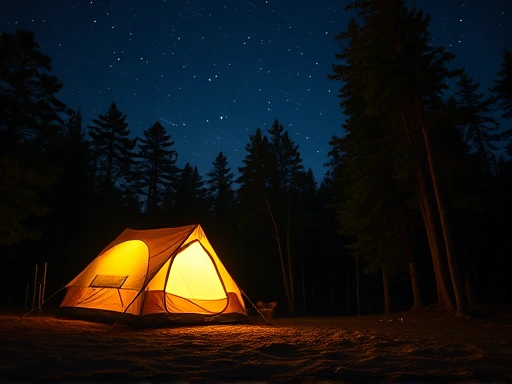 A peaceful campsite at night, with a cozy tent glowing softly, surrounded by trees and a clear starry sky, depicting serene sleep.