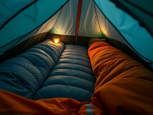 Close-up view inside a tent, showing a comfortable sleeping bag, an inflatable mat, and an eye mask, with a faint glow from a small lantern.